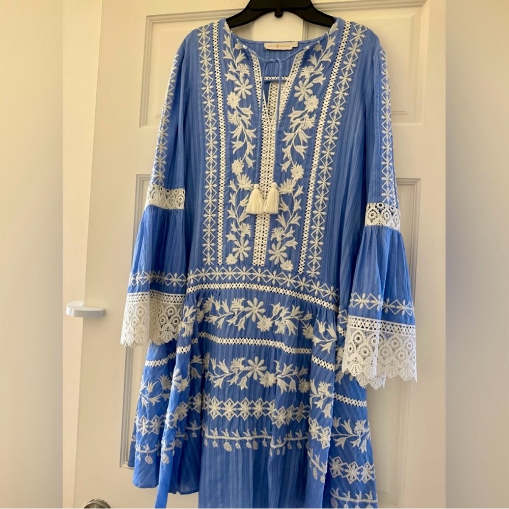 Tory Burch Blue and White Long Sleeve Dress